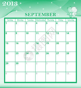 2013年9月日历规划师卡通片绿色星星盒子季节插图网格数字日程图片