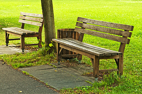 公园中的公园长椅家具座位木头椅子小路休息花园孤独季节叶子图片