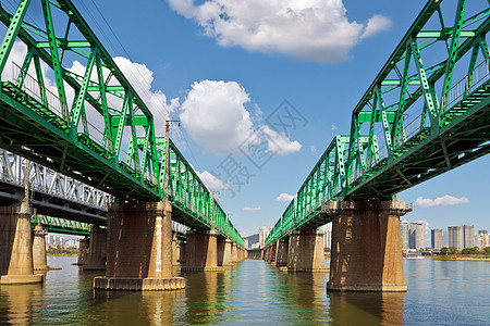 铁路桥框架城市运输多云天空反射基础设施绿色桁架水平背景图片