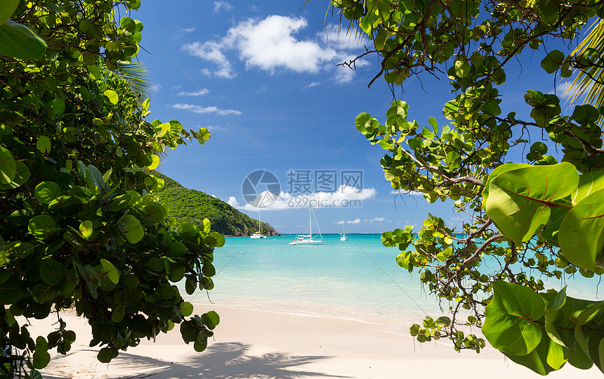 圣马丁安斯马塞尔的光荣海滩蓝色天堂假期支撑旅游游艇海岸线明信片热带旅行图片