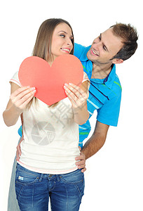 情爱的情侣微笑着 抱着红色的心夫妻约会快乐女朋友恋人拥抱男朋友图片