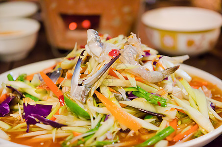 泰式美食木瓜沙拉辣椒食物螃蟹蔬菜海鲜红色盘子图片