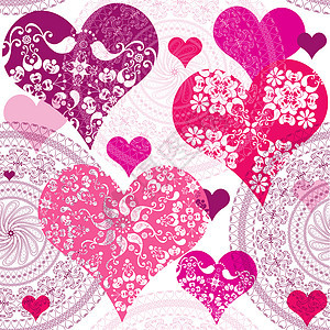 无缝情人节图案灰色装饰品红色粉色圆形创造力插图紫色蕾丝曲线图片