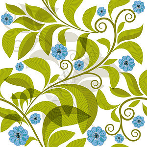 花际模式墙纸卷曲叶子雕刻剪影蓝色花彩灰色绿色白色背景图片