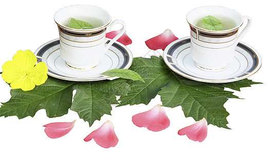 两个杯子 白色背景的绿纸上茶叶陶瓷黄色飞碟粉色床单商品黑色花瓣绿色图片