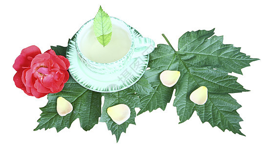 白色背景的绿页上茶杯中的茶飞碟玫瑰绿色陶瓷床单黄色商品红色花瓣图片