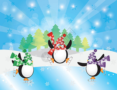 三只企鹅冰滑雪在冬季景点图片