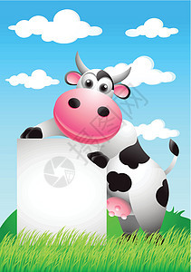 带有空白符号的牛牛漫画木板童年快乐插图牛奶动物婴儿吉祥物天空艺术图片