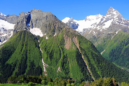 高加索山脉 Dombai荒野冰川悬崖爬坡季节冷冻石头全景森林首脑图片