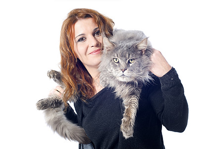 猫和女人灰色棕色眼睛女孩女士宠物微笑工作室动物图片