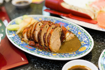 烤鸭烟熏鸡香蜂酱 中国菜味美食熏制蜂蜜午餐餐厅店铺鸭子盘子菜单食物图片