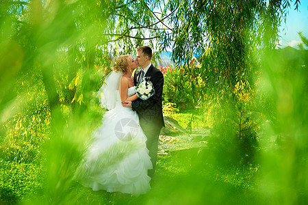 绿色公园背景的新娘和新郎微笑场地女性花束裙子妻子丈夫拥抱套装婚姻图片