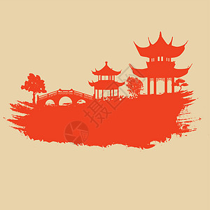 有亚洲风景的旧纸插图樱花建筑文化寺庙宝塔背景图片