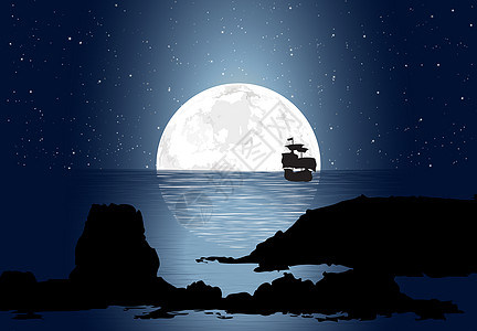 载有帆船的月光支撑航行悬崖海滩岩石绘画海盗插图港口冒险图片