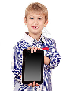 抱着平板电脑的快乐男孩图片