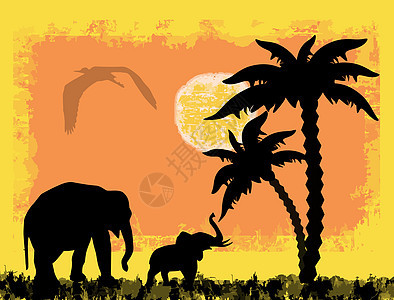 以大象为主题的非洲旅行主题野生动物公园天空荒野艺术插图植物阳光土地辉光图片