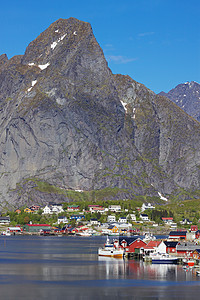 挪威山脉小屋风景房子山峰蓝色旅游峡湾海岸线全景图片