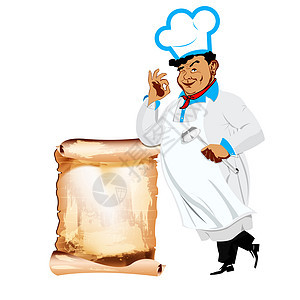 白色背景的有趣的快乐厨师和菜单厨房帽子餐厅咖啡店老板烹饪职业酒馆插图饭馆图片