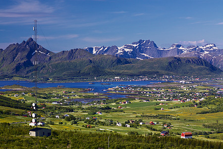 挪威全景乡村草原海洋风景晴天海岸牧场村庄山脉农村图片