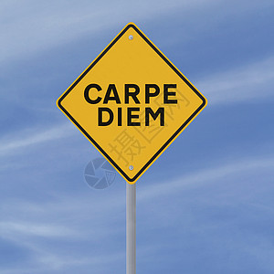 Carpe Diem 木雕天空蓝色概念钻石光阴路标指示牌职业地毯黄色背景图片