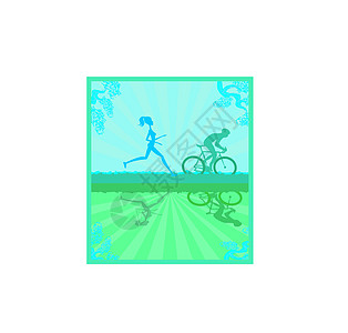 马拉松跑步和骑自行车赛女士活动训练天空休息身体阳光日落旅行自行车设计图片