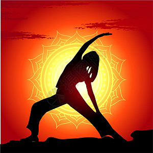 日落背景瑜瑜伽的矢量插图活力姿势元素设计咒语环境数字肌肉指甲花植物图片