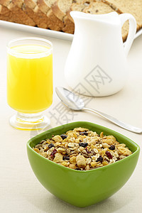 美味的新鲜早餐谷物橙汁营养杏仁果汁产品牛奶食物咖啡麦片图片