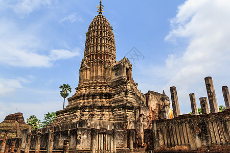 泰国旧城Sukhothai历史公园遗产吸引力纪念碑观光旅游石头废墟天空文化祷告图片