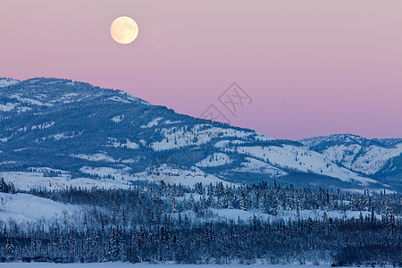 育空加拿大冬季风景和满月升起图片