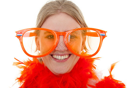 足球支持者用大橙色眼镜的肖像橙子运动游戏竞赛配饰锦标赛女士图片