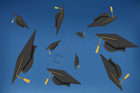 飞进空中的毕业章教育帽子学习庆典团体学校木板文凭单身汉学士学位图片
