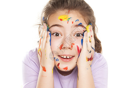 快乐的小女孩和颜色橙子小学生指甲油创造力绘画学习艺术生长画家幸福图片