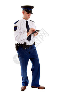 填写停车罚单的荷兰警署警官男人法律逮捕徽章男性工作代金券警长权威代理人图片
