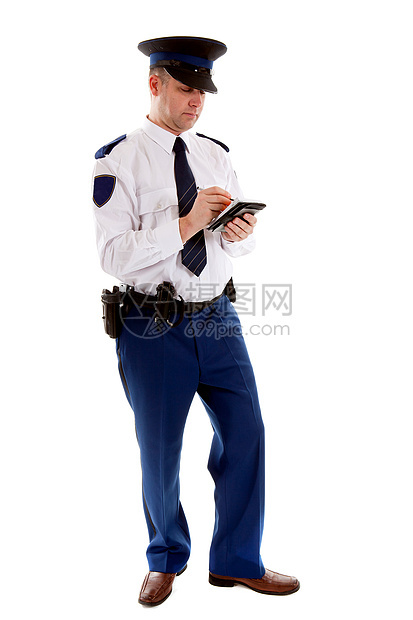 填写停车罚单的荷兰警署警官男人法律逮捕徽章男性工作代金券警长权威代理人图片