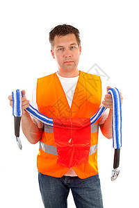 穿着安全背心的男子闲暇男性男人橙子电缆工具冒充绳索反光事故图片