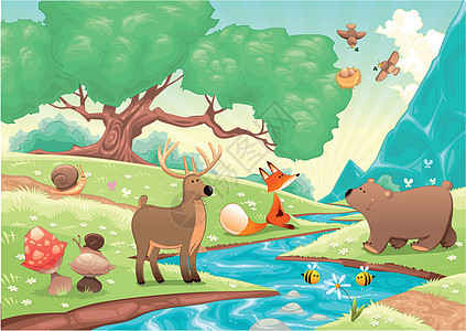 木头里的动物森林季节童年天空草地寓言小路风景哺乳动物动物群图片