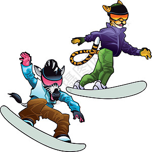 雪板上的草原动物卡通片滑雪板套装青少年身体运动猎豹插图季节漫画图片