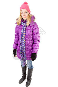 身着冬季服装的少女围巾孩子夹克外套帽子粉色运动金发女郎图片