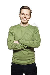 白人背景的年轻男子学生微笑衬衫快乐绿色成人人类影棚黑色美容图片