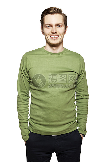 白人背景的年轻男子美容绿色男性微笑黑色衬衫影棚成人人类学生图片