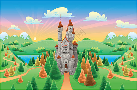 中世纪城堡的全景松树爬坡木头庄园天空地平线漫画插图植被日落图片