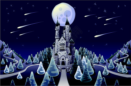 夜里与中世纪城堡的全景图片