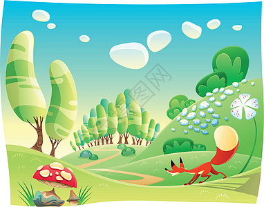 福克斯在木头农村风景全景漫画蔬菜农业衬套季节生长植被图片