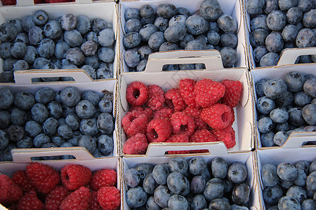 蓝莓和草莓销售市场覆盆子紫色蓝色红色店铺浆果纸板生产图片
