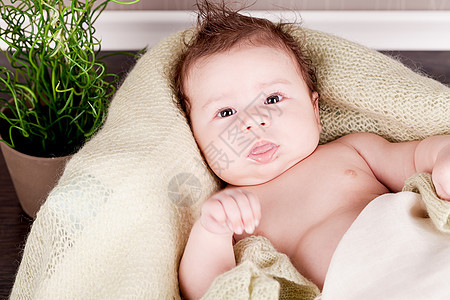 甜甜的婴儿小婴幼儿在篮子毯子上的毛毯上羊毛皮肤家庭童年新生格子微笑快乐卫生孩子图片