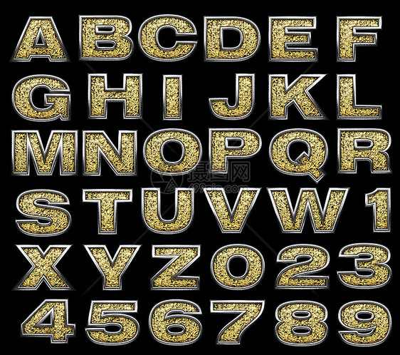 金金字母表脚本反射插图黄色奢华字体金属打字稿金子黑色图片