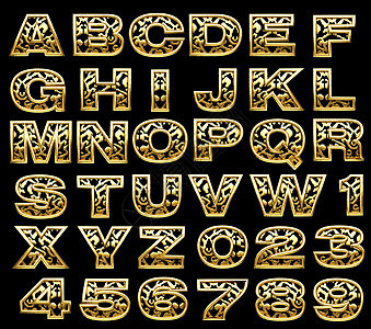 金金字母表集打字稿字体黄色反射黑色抛光艺术脚本金属奢华图片
