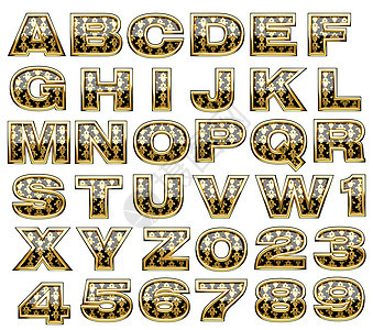金金字母表集抛光字体插图黄色黑色脚本金属反射金子打字稿图片