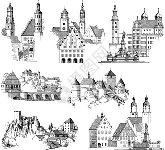 中世纪城市景点历史蚀刻房子农场堡垒大教堂建筑历史性建筑学雕刻图片