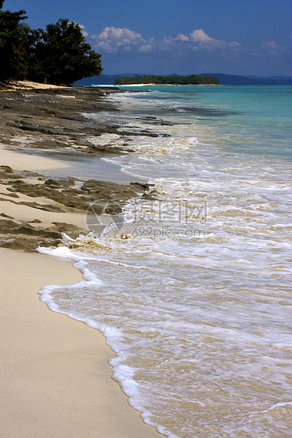 蓝蓝色 马莫科海滩爬坡小岛海藻树木衬套低潮浅蓝色天空波浪图片